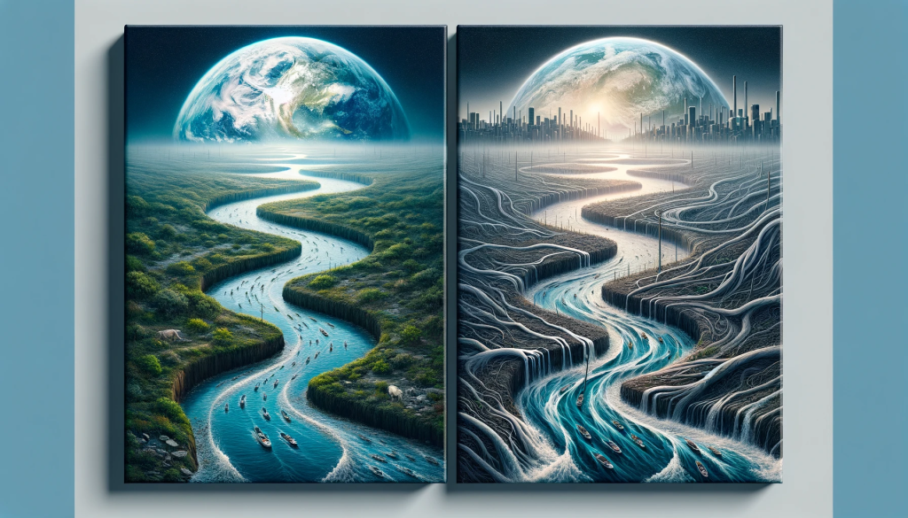 "The Global Water Overture" illustrates the transformative journey of water in a world facing ecological challenges. It showcases once vibrant and life-filled rivers now shrouded in the gloom of pollution, highlighting the stark contrast between the former clarity and current contamination. The cover art captures water's path through natural landscapes and human-altered areas, emphasizing the urgent need for environmental action and the vital role of preserving waterways for their intrinsic beauty and their critical importance in sustaining life.