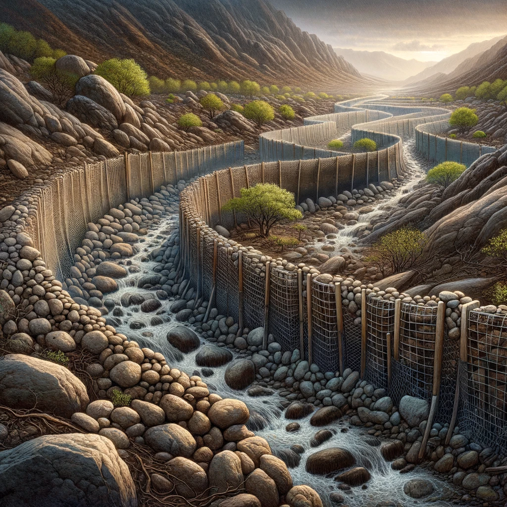 Rock-based structures known as trincheras and gabions used to slow water flow and combat soil erosion.