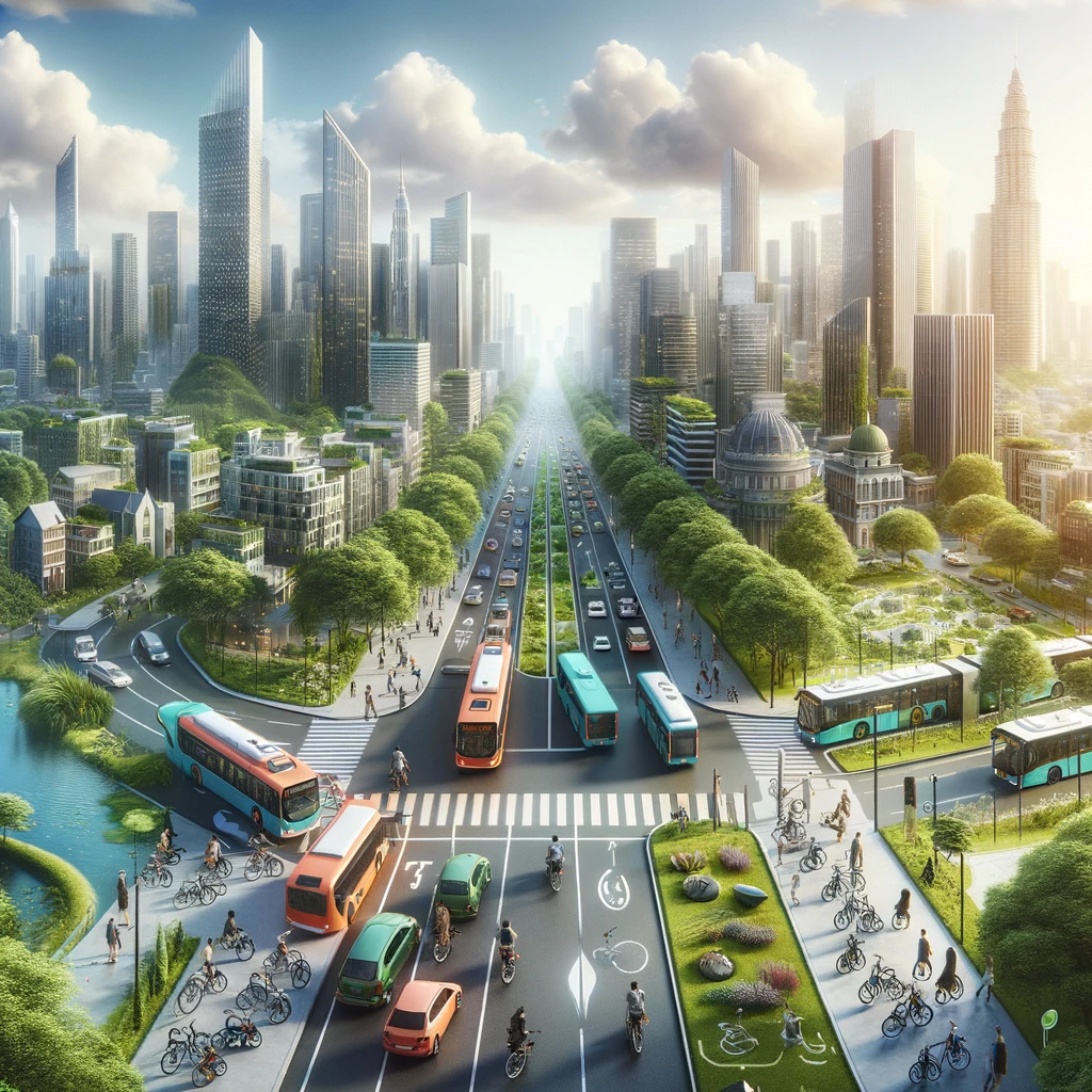 Illustration of a modern city showcasing a balance between urban development and nature, with sustainable transport options integrated into the urban landscape.