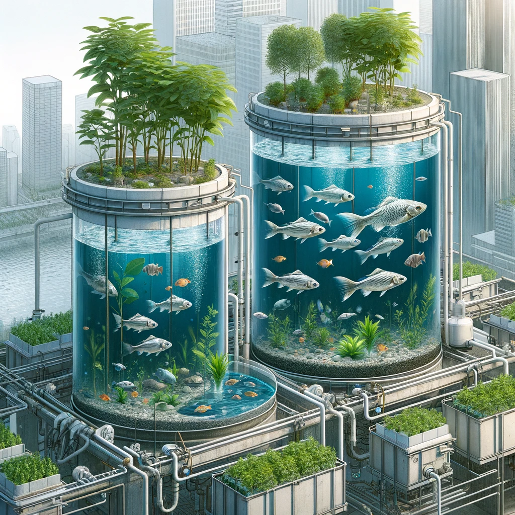 This image depicts a thriving aquaculture system within an urban permaculture laboratory. It shows fish tanks seamlessly integrated with plant-growing systems, set against a city backdrop. The tanks, teeming with fish, symbolize a sustainable source of protein. The plants, nourished by fish waste, complete the cycle by purifying the water, illustrating a closed-loop, symbiotic relationship. This visual captures the essence of urban sustainability and the innovative combination of aquaculture and agriculture in a modern city environment.