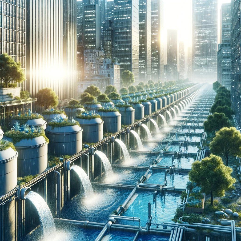 This image vividly captures an extensive rainwater harvesting system in an urban landscape. It shows large cisterns adeptly positioned to collect rainwater from the rooftops of city buildings. The scene illustrates the efficient channeling and storage of harvested water, set against the backdrop of an urban environment. It conveys a powerful message of sustainability, highlighting the reduction of reliance on municipal water supplies through innovative and effective water management practices in a city setting.