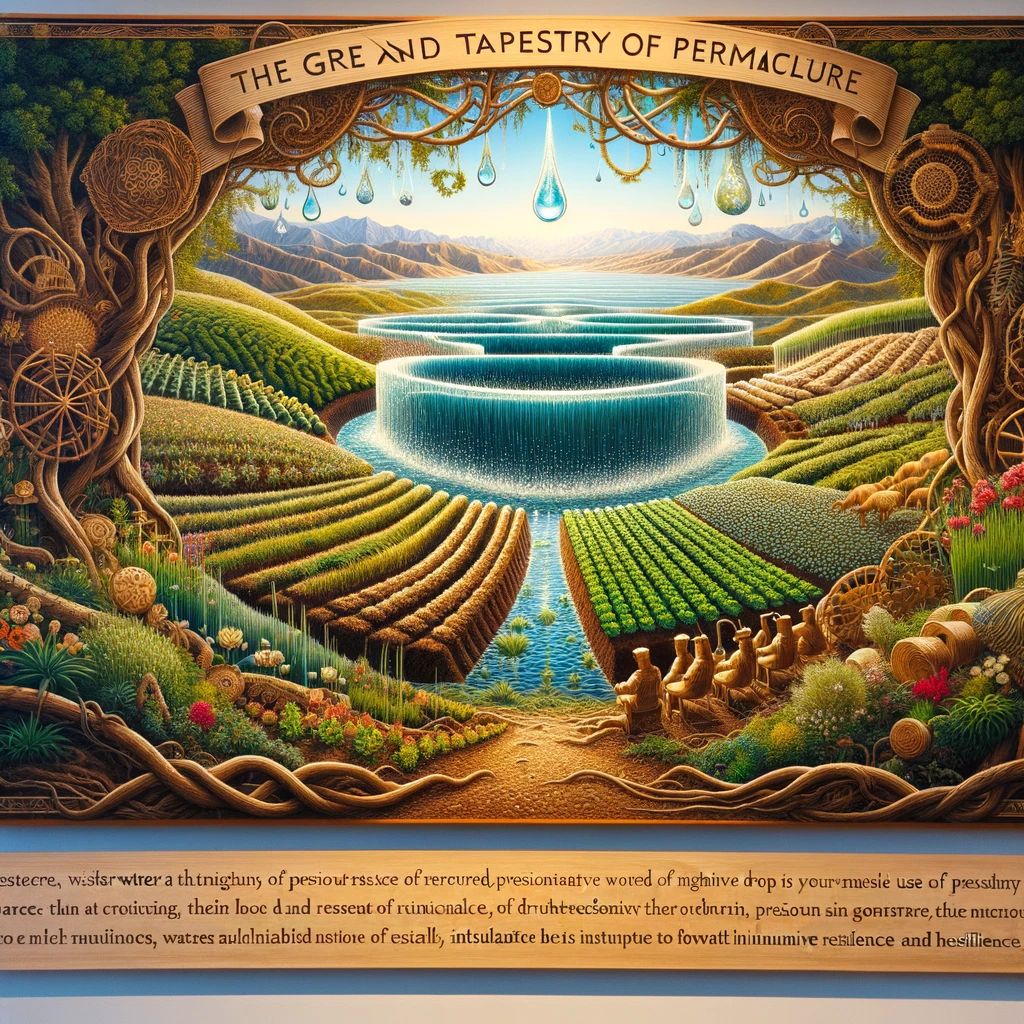 This image depicts the harmonious approach to water conservation in permaculture. It features a vibrant landscape of drought-resistant plants, dancing to the wind's rhythm, optimized for minimal water need. The soil, a crucial component, is blanketed with mulch to conserve moisture and promote healthy growth. The scene embodies the thoughtful integration of design and conservation, emphasizing the preciousness of every water drop in the sustainable permaculture environment.