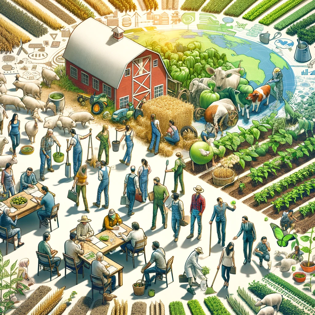 A harmonious scene of diverse individuals, including farmers, policymakers, and consumers, actively engaged in sustainable farming activities and policy discussions, symbolizing united efforts towards ecological and sustainable methods in agriculture.