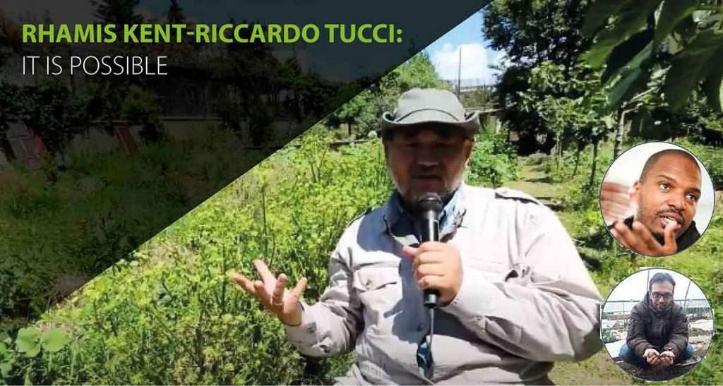 A promotional image for an environmental project featuring John Dennis Liu, with insets of Rhamis Kent and Riccardo Tucci. The main photo shows a lush green landscape indicative of successful permaculture practices, while the insets capture the individuals speaking, symbolizing their collaborative efforts in ecosystem restoration and sustainability. The text 