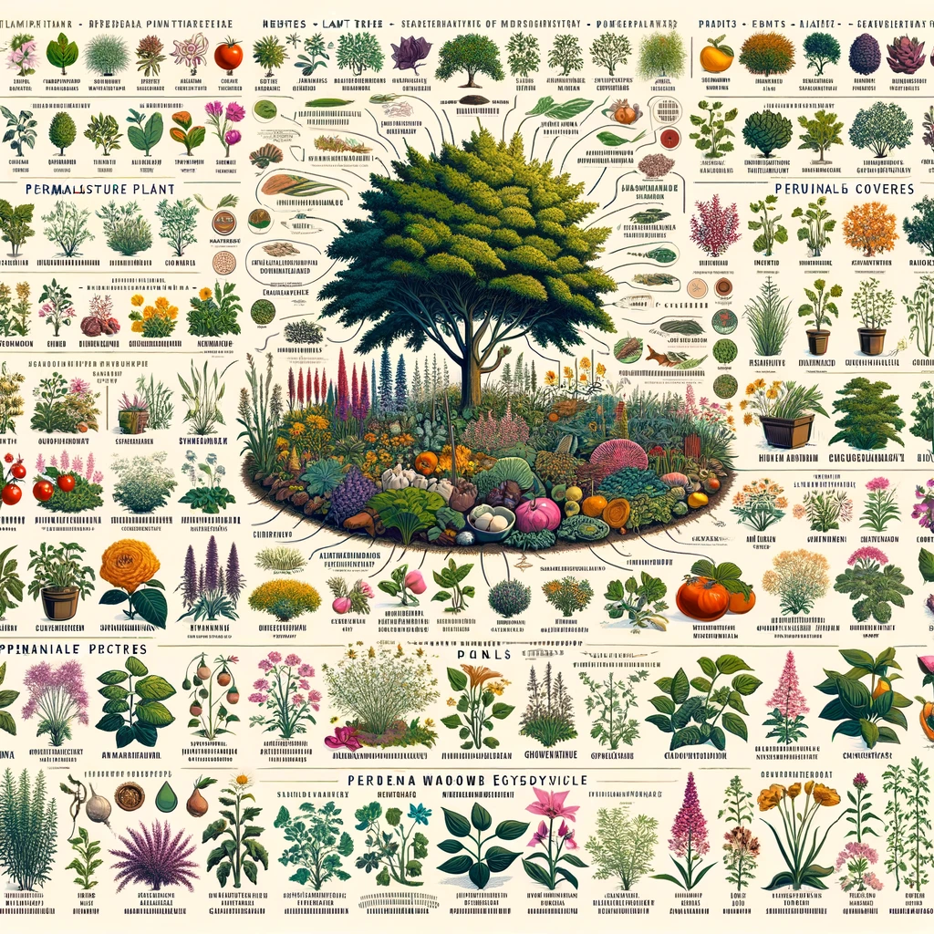 Engaging visual representation of a wide range of plants for permaculture, emphasizing their diversity and functionality in enhancing biodiversity and sustainability.