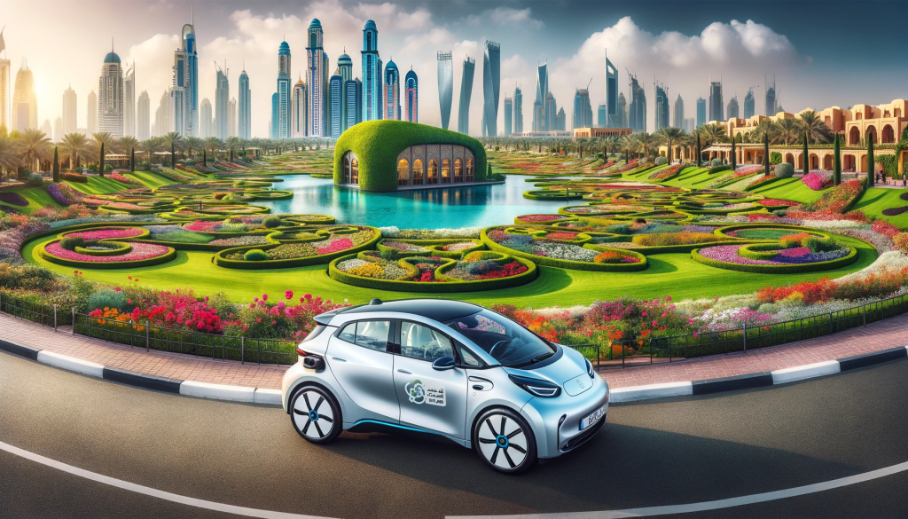Panoramic view of an electric rental car in Dubai, highlighting eco-friendly travel amidst the city's lush green landscapes and sustainable garden designs.