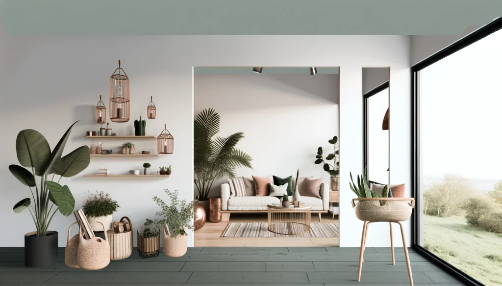Eco-friendly home decor featuring recycled materials and green plants.