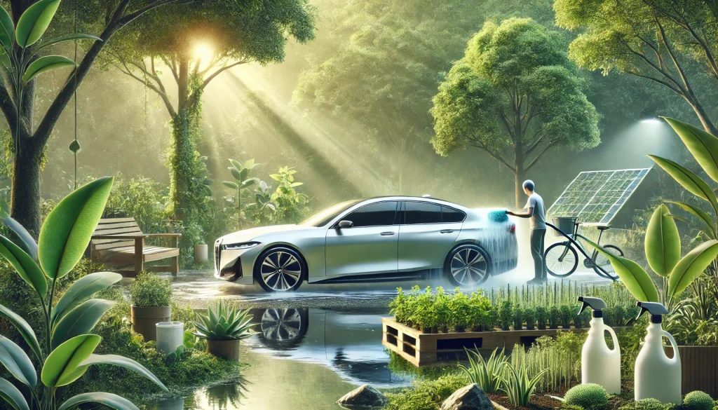 Eco-friendly car care scene with a sleek car being washed using natural products in a green, permaculture-inspired environment with trees and sunlight.