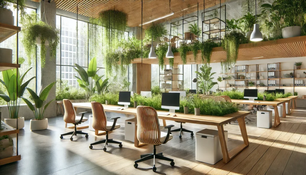 A modern, eco-friendly office space with sustainable furniture inspired by permaculture principles, featuring bamboo desks, ergonomic chairs made from recycled materials, and greenery integrated into the design.