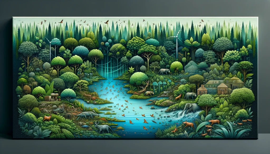 A vibrant and thriving forest ecosystem displaying rich biodiversity with various animals, lush trees, and a flowing river, symbolizing the priceless economic value of our natural environment.
