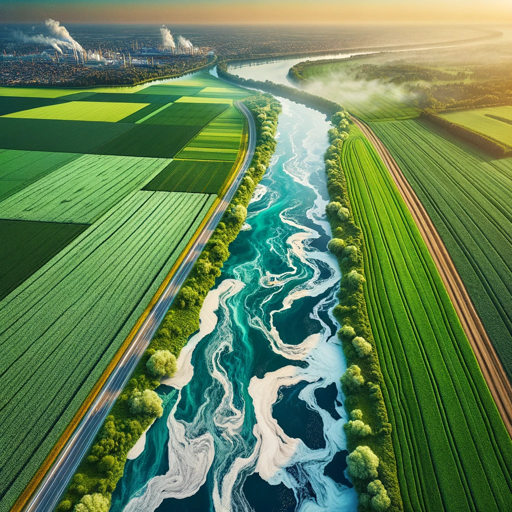 A panoramic view of modern agricultural fields with a focus on the unseen crisis of ineffective chemical pesticides.