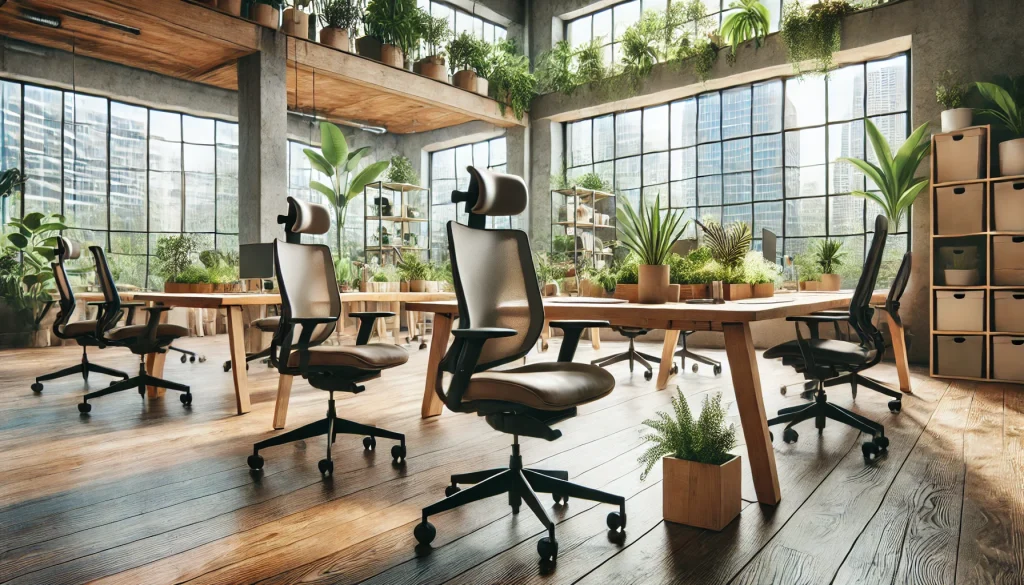 An eco-friendly office setting featuring ergonomic chairs made from sustainable materials, designed for individuals with back pain. The office includes desks made from renewable resources, large windows for natural light, and integrated plants, reflecting permaculture principles.