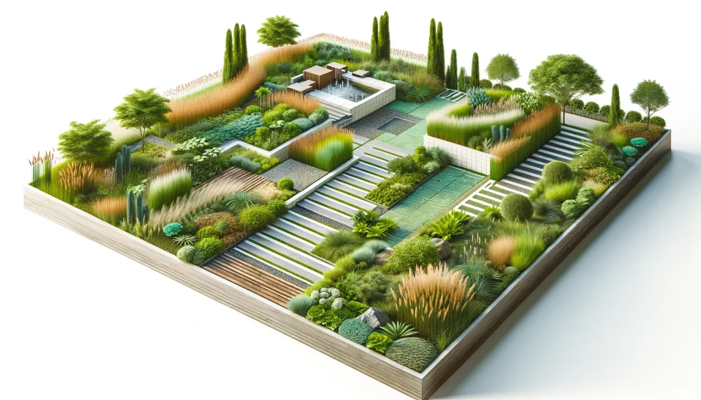 Image featuring a modern garden with natural patterns, native plants, and eco-friendly materials.