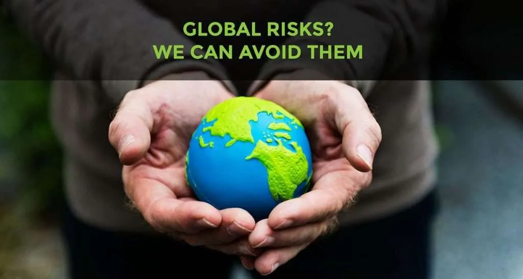 Hands carefully holding a small globe, with text overhead stating 'GLOBAL RISKS? WE CAN AVOID THEM', signifying our collective power to manage and prevent global risks.