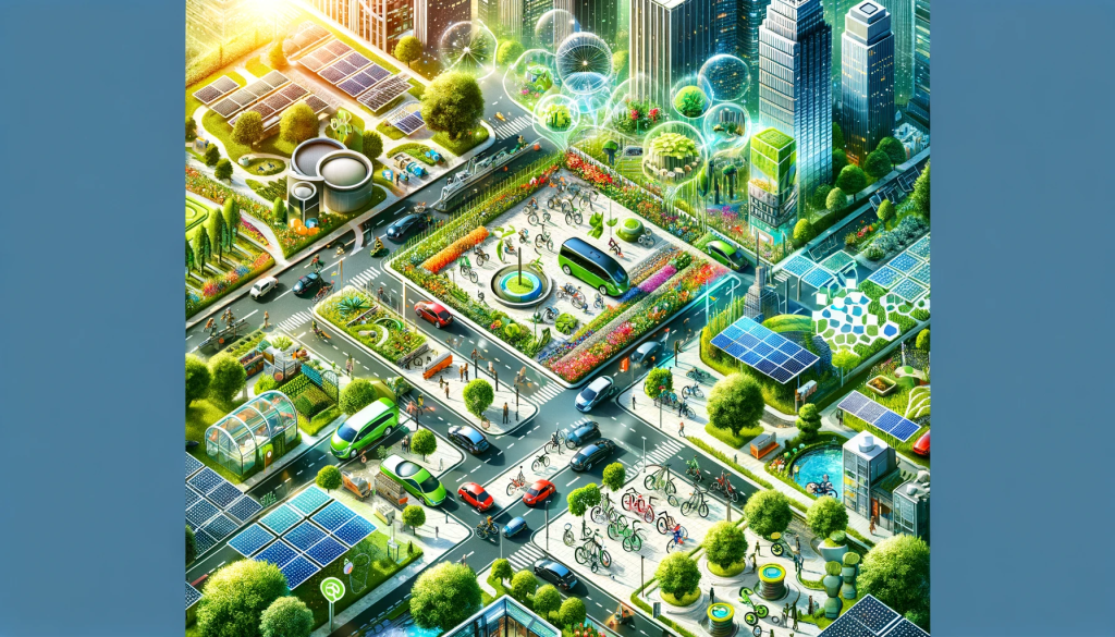 A bustling cityscape showcasing the integration of green mobility and permaculture, featuring electric cars, bike-sharing stations, and green spaces.