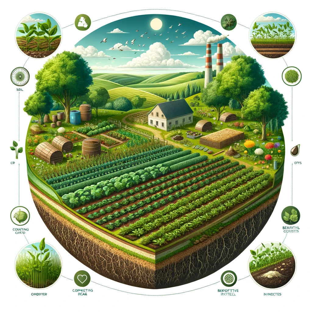 A lush, biodiverse organic farm showcasing the holistic approach to agriculture, with healthy soil, diverse crops, green manures, composting areas, and beneficial insects, embodying the principles of organic farming for ecosystem resilience.
