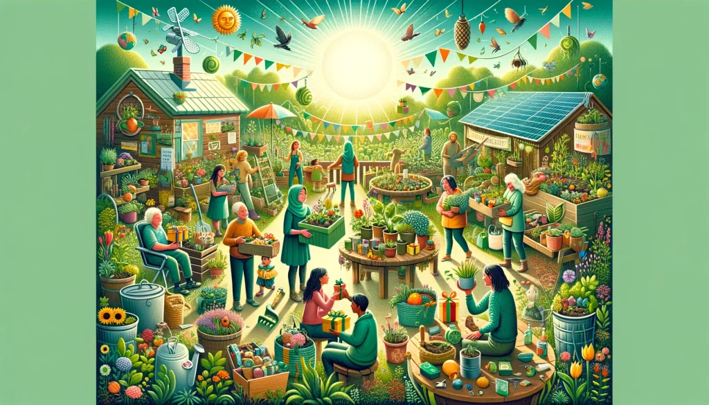 A vibrant garden scene depicting diverse individuals sharing eco-friendly and homemade gifts, illustrating the harmony of gift-giving and nature through permaculture principles.