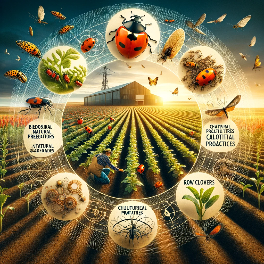 A farm scene showcasing diverse Integrated Pest Management strategies in action, including biological control with ladybugs against aphids, cultural practices like crop rotation, and mechanical barriers such as row covers, exemplifying sustainable and effective pest management.