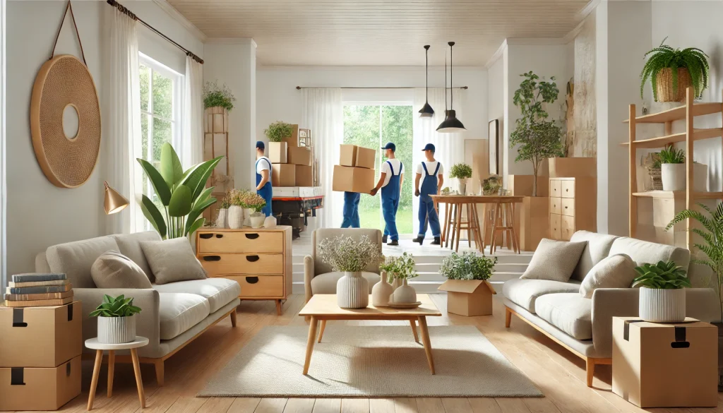 A clean, organized home interior with minimal clutter, featuring a spacious living room with neatly arranged furniture. In the background, a junk removal team is seen carrying out old furniture and boxes, symbolizing the financial and well-being benefits of decluttering.