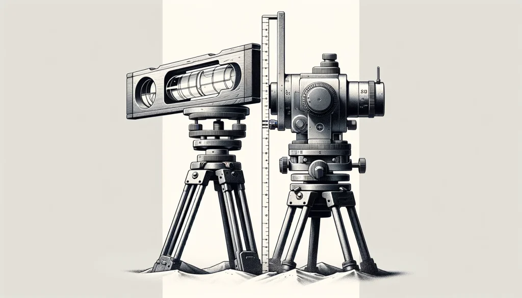 Image depicting the contrast between a simplistic water level and a detailed theodolite used for precision in land measurement.