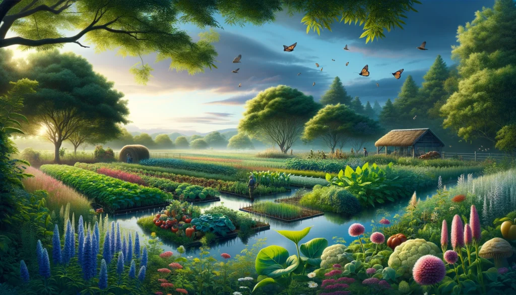 Lush, sustainable farm landscape inspired by Masanobu Fukuoka's natural farming, featuring biodiversity and harmony with nature.