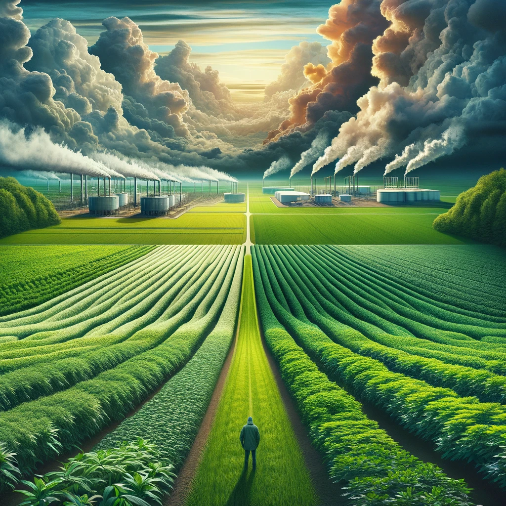 A panoramic view of modern agricultural fields with a focus on the unseen crisis of ineffective chemical pesticides.