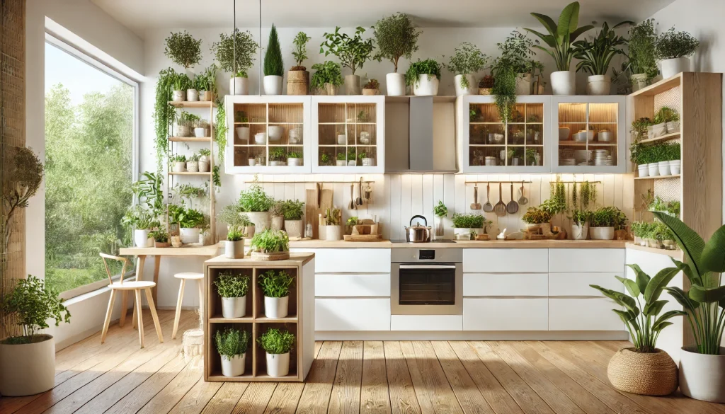 A modern kitchen designed with white cabinets, integrating natural elements such as wood and plants, reflecting permaculture principles. The space features sustainable materials, energy-efficient appliances, and a bright, airy atmosphere with natural light. The design includes potted herbs and a small indoor greenhouse, creating a harmonious and sustainable environment.