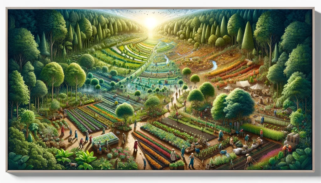 A vibrant landscape showcasing the harmony between permaculture gardens and reforested areas, with people actively engaged in sustainable practices