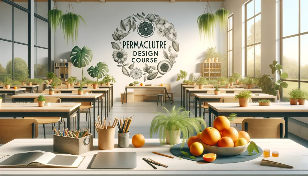 A serene classroom with natural lighting and green plants, citrus fruits on desks symbolizing aromatherapy, with 'Permaculture Design Course' text featured prominently.