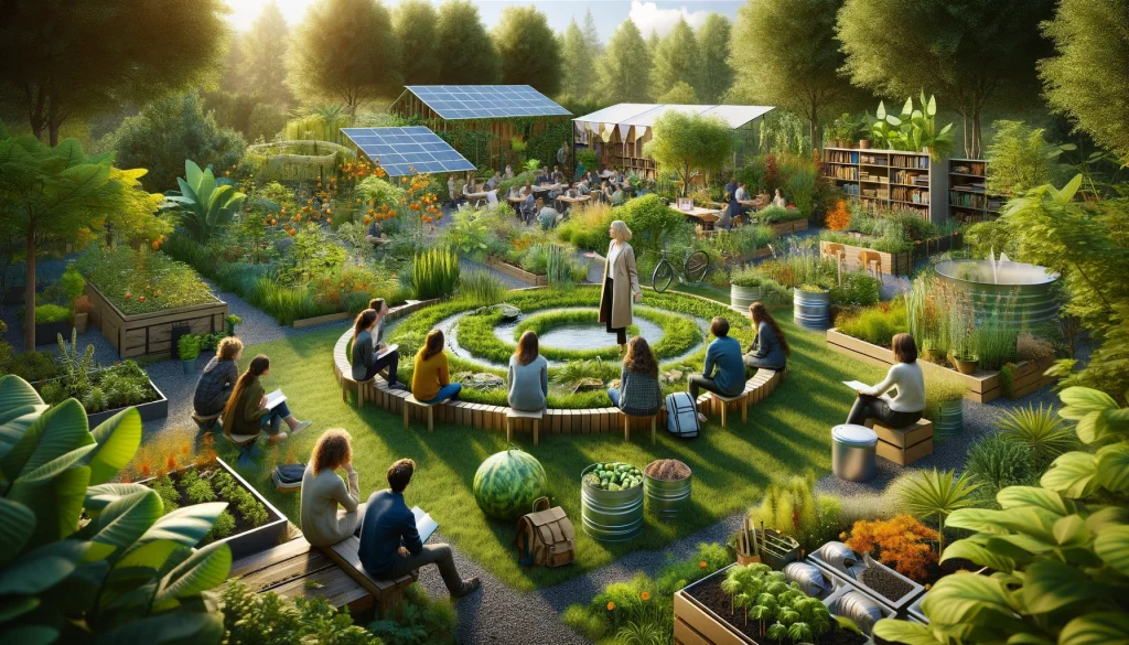 Students and teacher discussing philosophy in a permaculture garden classroom, showcasing sustainable practices and ethical learning.