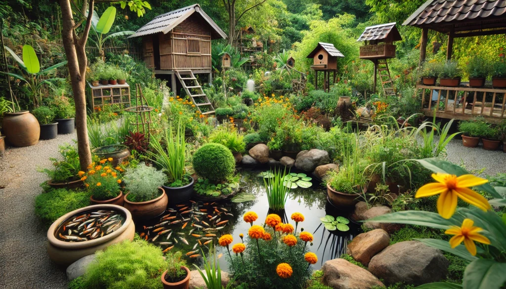 A tranquil summer permaculture garden with lush plants like citronella, marigolds, and lemongrass that naturally repel mosquitoes. A small pond with fish that eat mosquito larvae is surrounded by greenery, stones, and wooden features, with birdhouses and bat boxes in the background, symbolizing eco-friendly mosquito management.