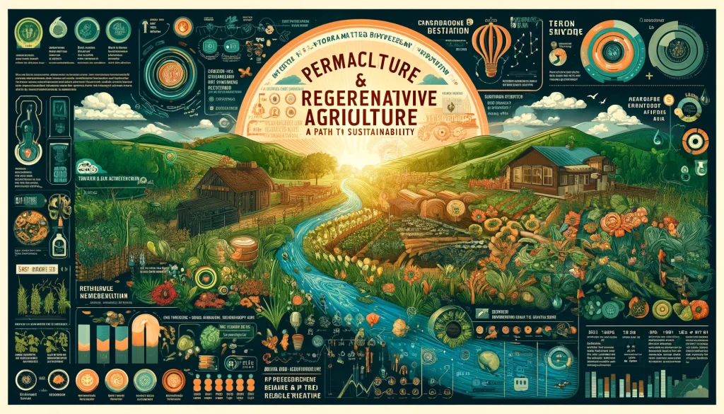 Infographic illustrating the principles and benefits of permaculture and regenerative agriculture for sustainability