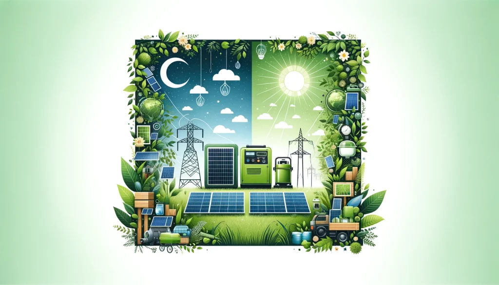 Comparison between eco-friendly portable power stations and traditional generators in a sustainable setting, highlighting permaculture principles.