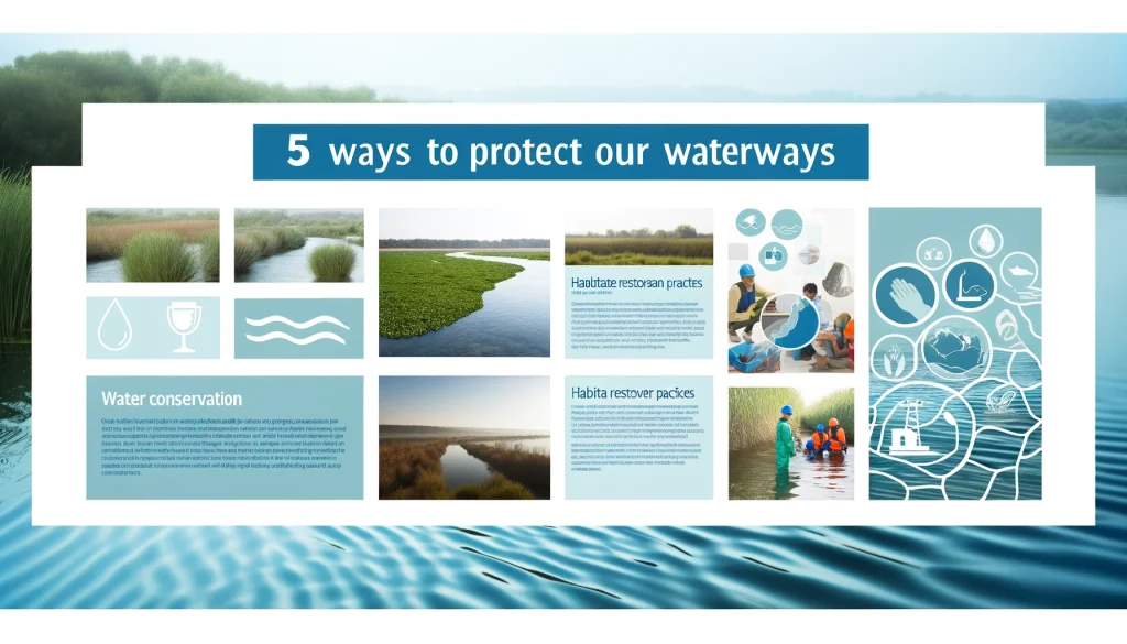 Conservation efforts to protect our waterways, featuring clean rivers, sustainable land use, community involvement, and symbols of water conservation.