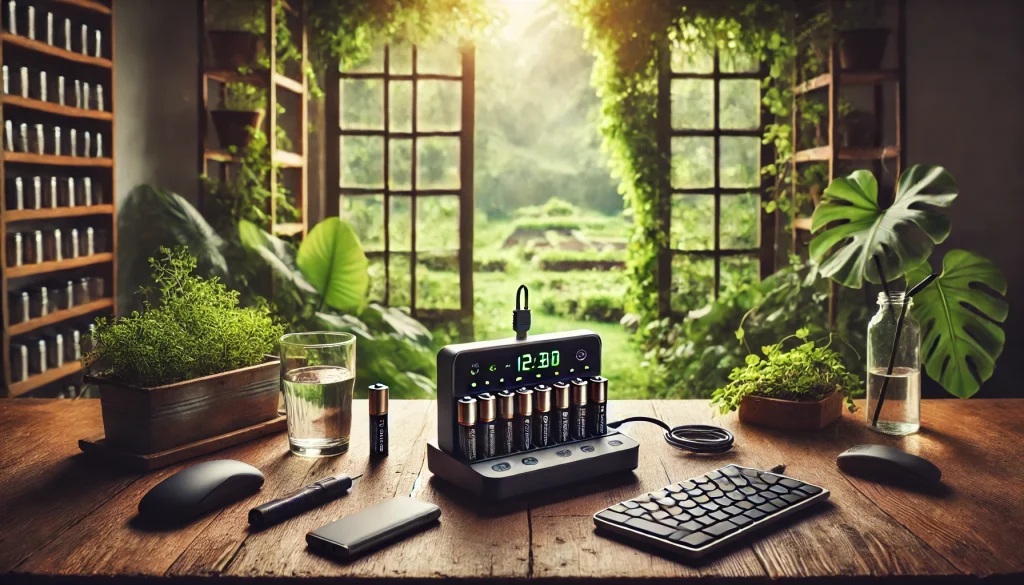 A set of AAA rechargeable batteries on a universal charger, placed on a wooden table with small devices like a remote control and a wireless keyboard. In the background, a window shows a lush permaculture garden, symbolizing the connection between sustainability in everyday actions and environmental practices.