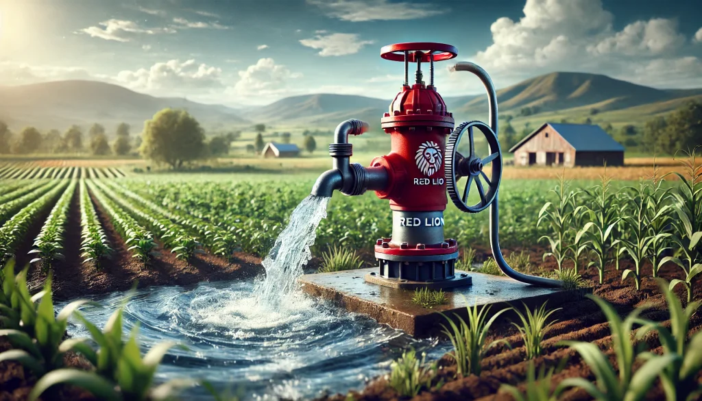 A Red Lion water pump in a rural landscape, efficiently pumping water next to a thriving field of crops. The scene is set against a clear blue sky with rolling hills in the background, symbolizing sustainability, water conservation, and the harmony between technology and nature.