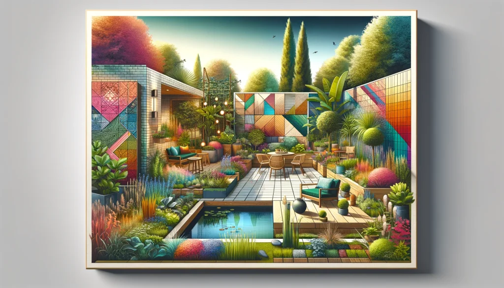 Modern and sustainable garden design showcasing permaculture principles, featuring water features, stylish gates, and natural materials.