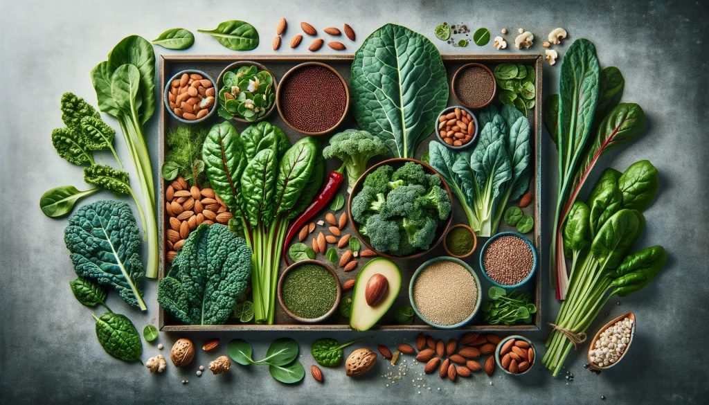 A vibrant display of superfoods including kale, swiss chard, moringa, almonds, quinoa, and amaranth in various dishes, emphasizing the journey towards a healthier life and planet through sustainable choices