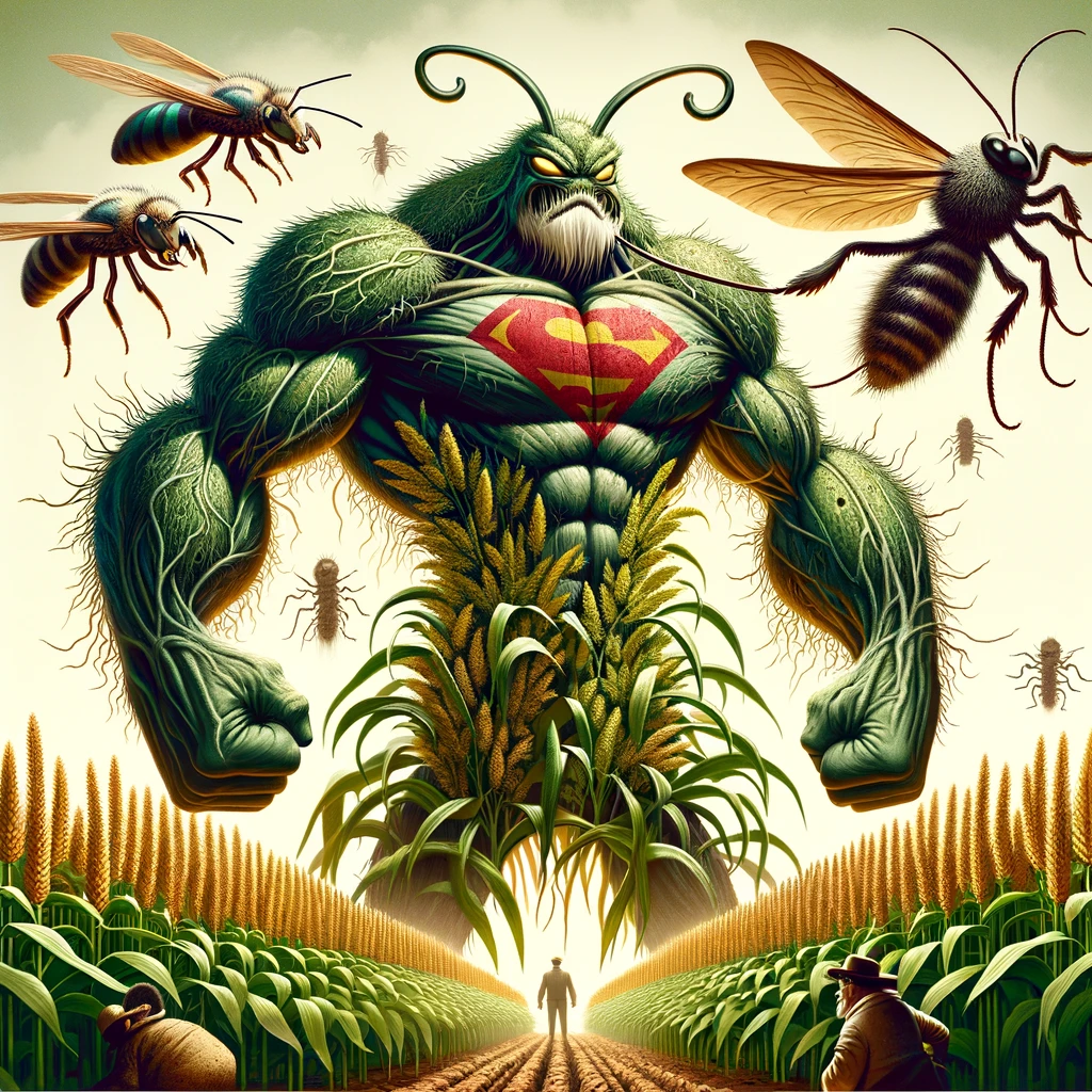 Robust, menacing-looking weeds and insects overpowering crops, symbolizing their resistance to conventional pesticides in modern agriculture.