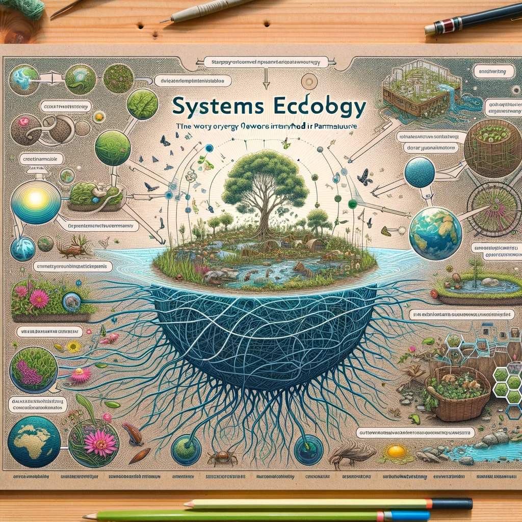 Informative illustration depicting the concept of Systems Ecology in permaculture, showing an ecosystem as an interconnected network with energy flow and species interdependence.