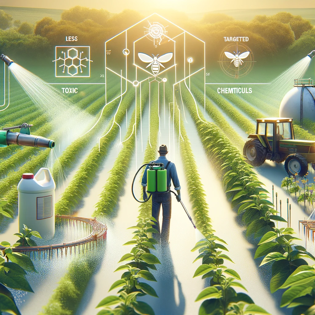 A farmer precisely applying less toxic pesticides in a controlled manner using advanced technology like pheromone traps or targeted spray systems, illustrating the balanced and safe approach of chemical control within Integrated Pest Management in sustainable agriculture.