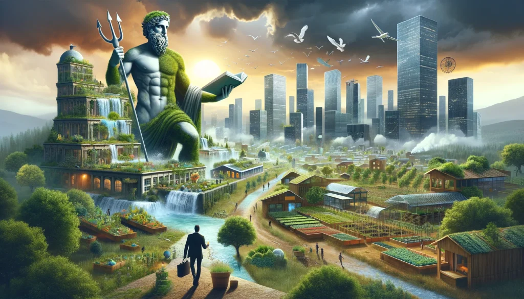 An urban landscape transformed through permaculture, mirroring Odysseus's journey with modern sustainability practices amidst a cityscape.