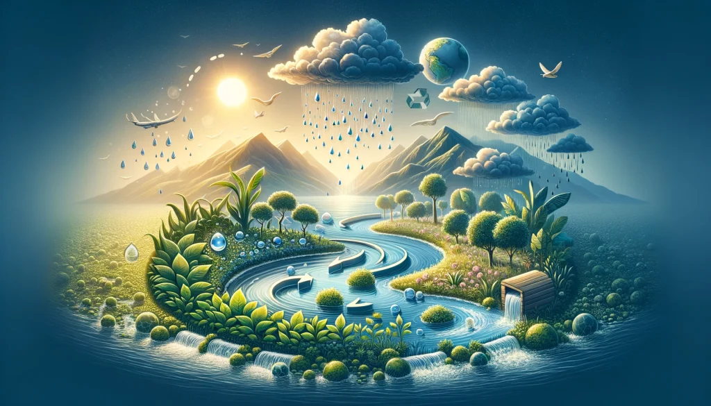 A vivid depiction of the water cycle and its integral role in climate regulation, emphasizing the synergy between water, vegetation, and the atmosphere for a balanced climate system