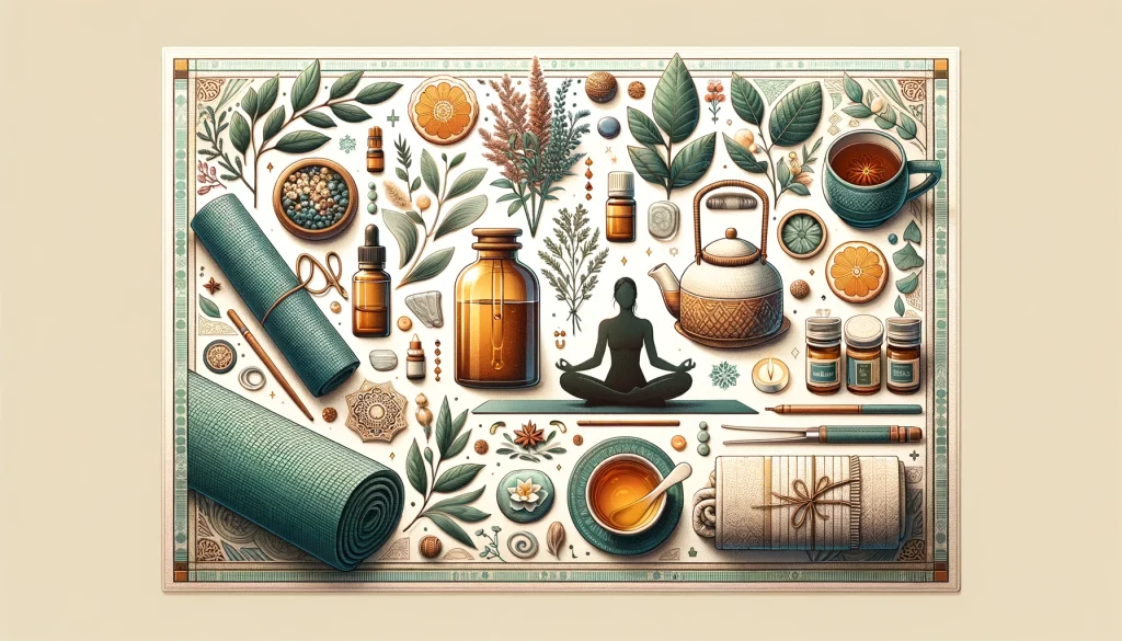 A serene and harmonious blend of holistic post-holiday wellness practices, featuring essential oils, herbal teas, a yoga mat, and a meditation space for mental and physical rejuvenation.